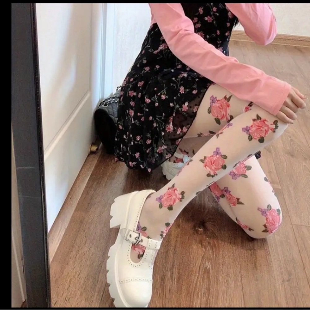 White Floral Tights
